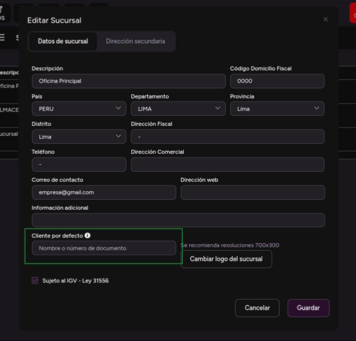 Opción Cliente por defecto