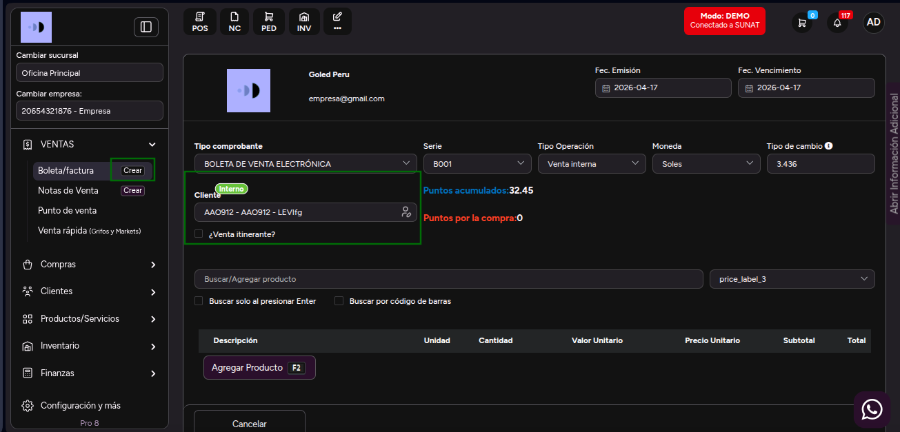 Cliente cargado por defecto en Nuevo Comprobante