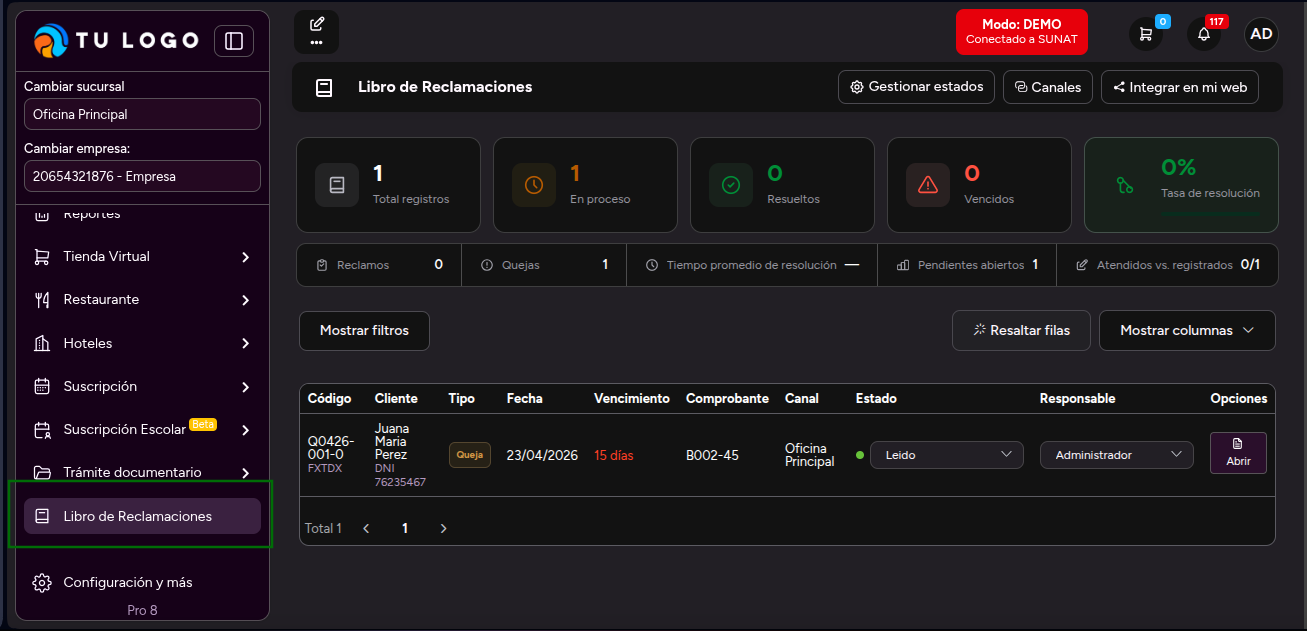 Módulo visible en el sidebar