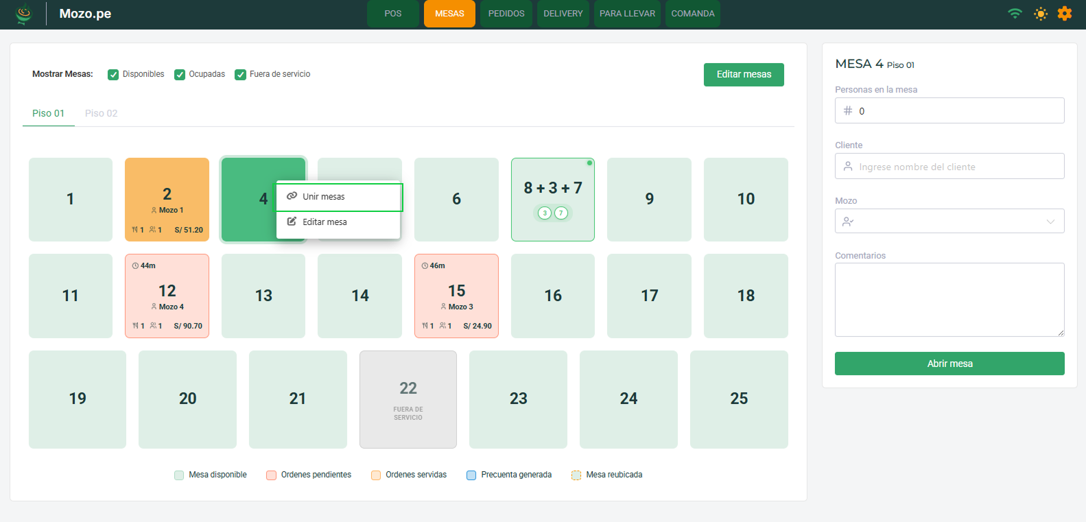 Proceso de unión de mesas