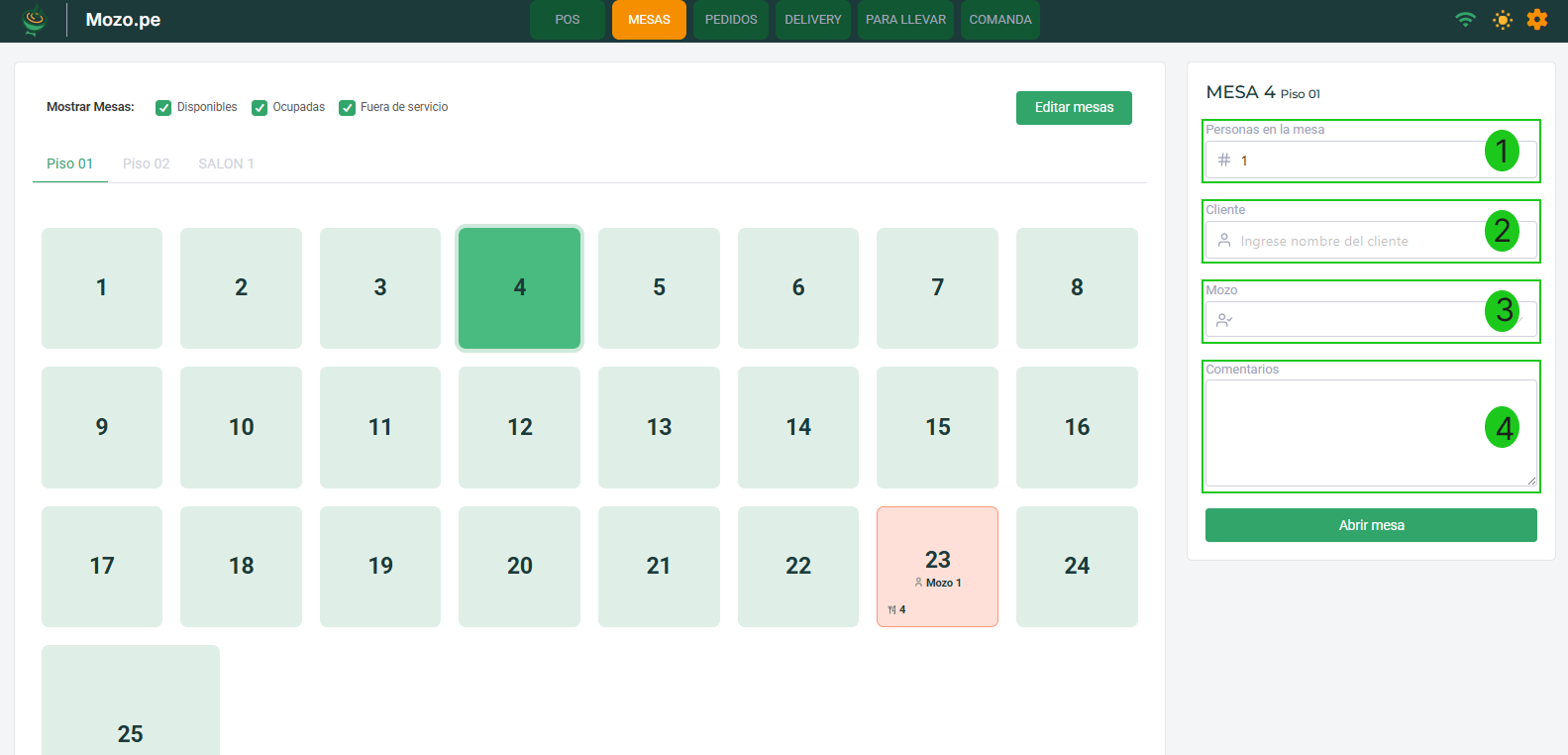 Panel de información de la mesa