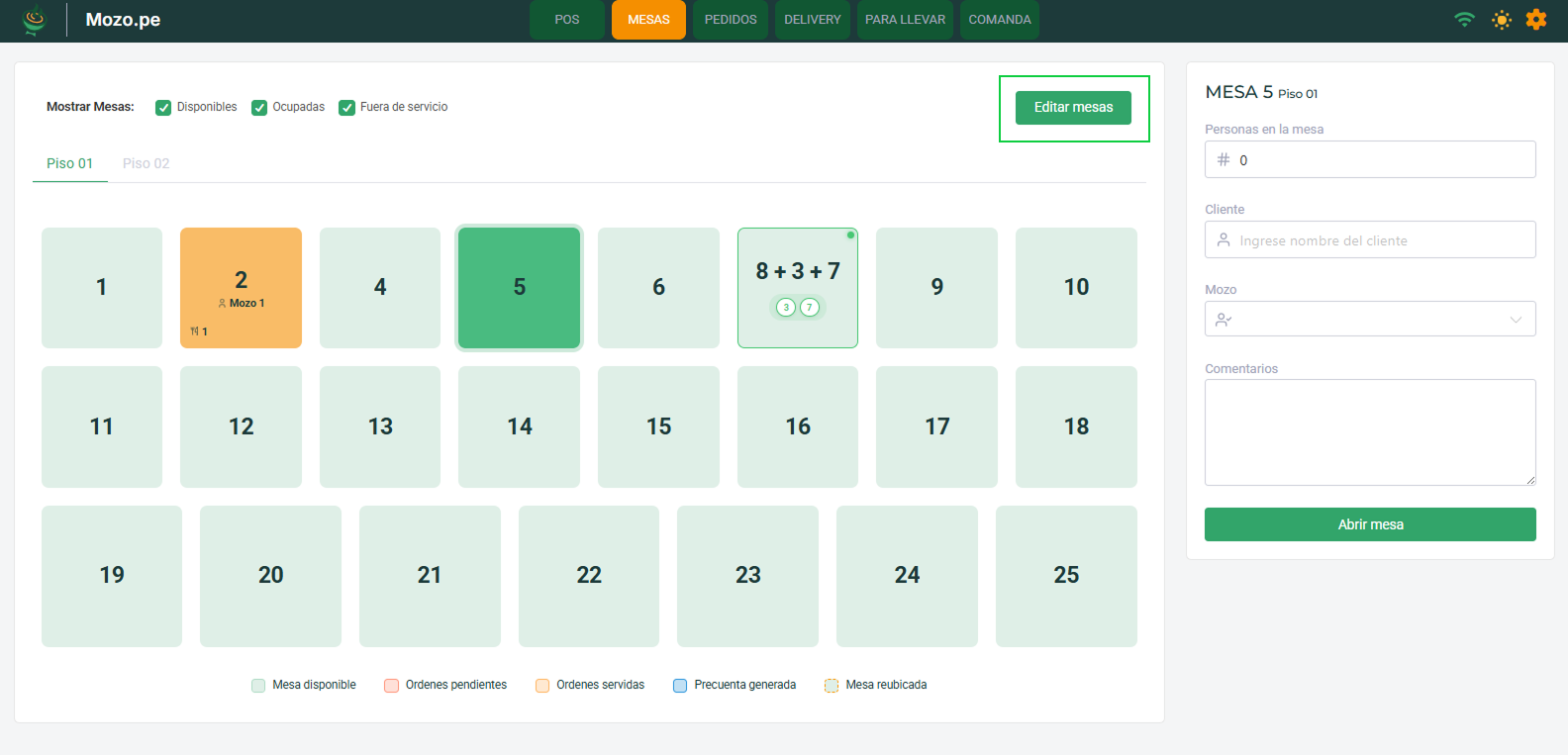 Opción editar mesas