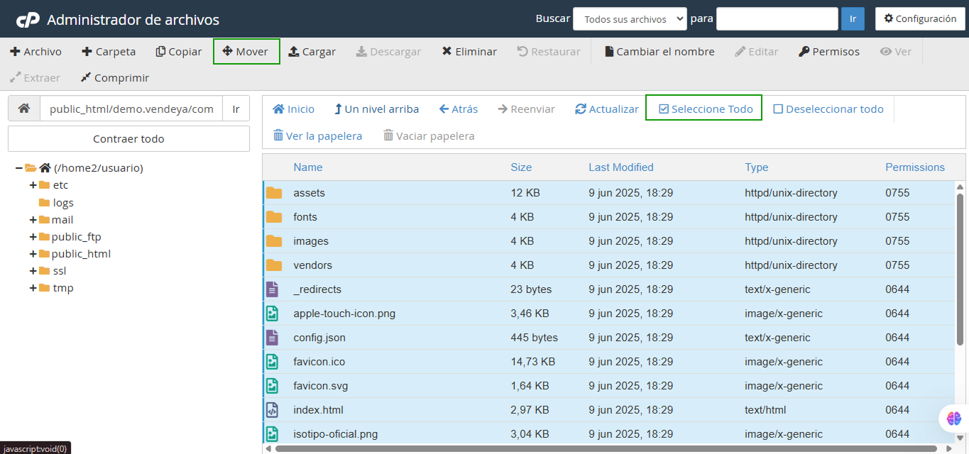 Opción seleccionar todo y mover