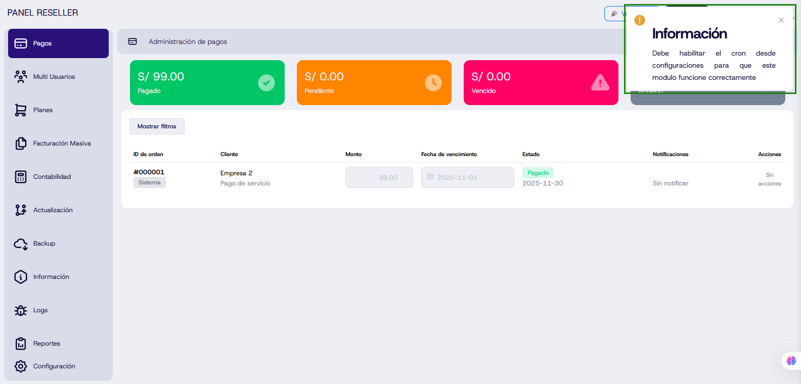 Mensaje de activación de CRON