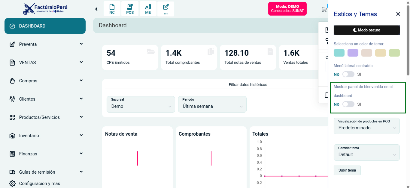 Configuración del panel de bienvenida