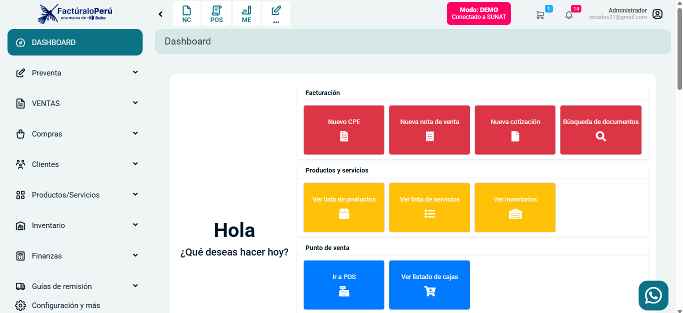 Vista del panel de bienvenida